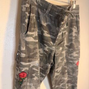 REWORKED Camo Y2K Cargo Pants with Rose Embroidery Studded details